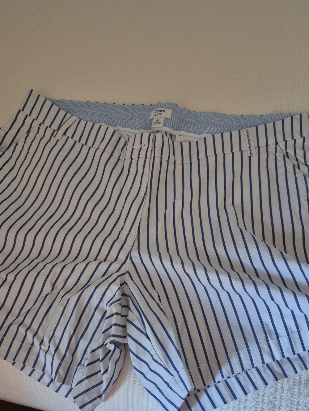 crown & ivy White Shorts with Navy Pinstripes